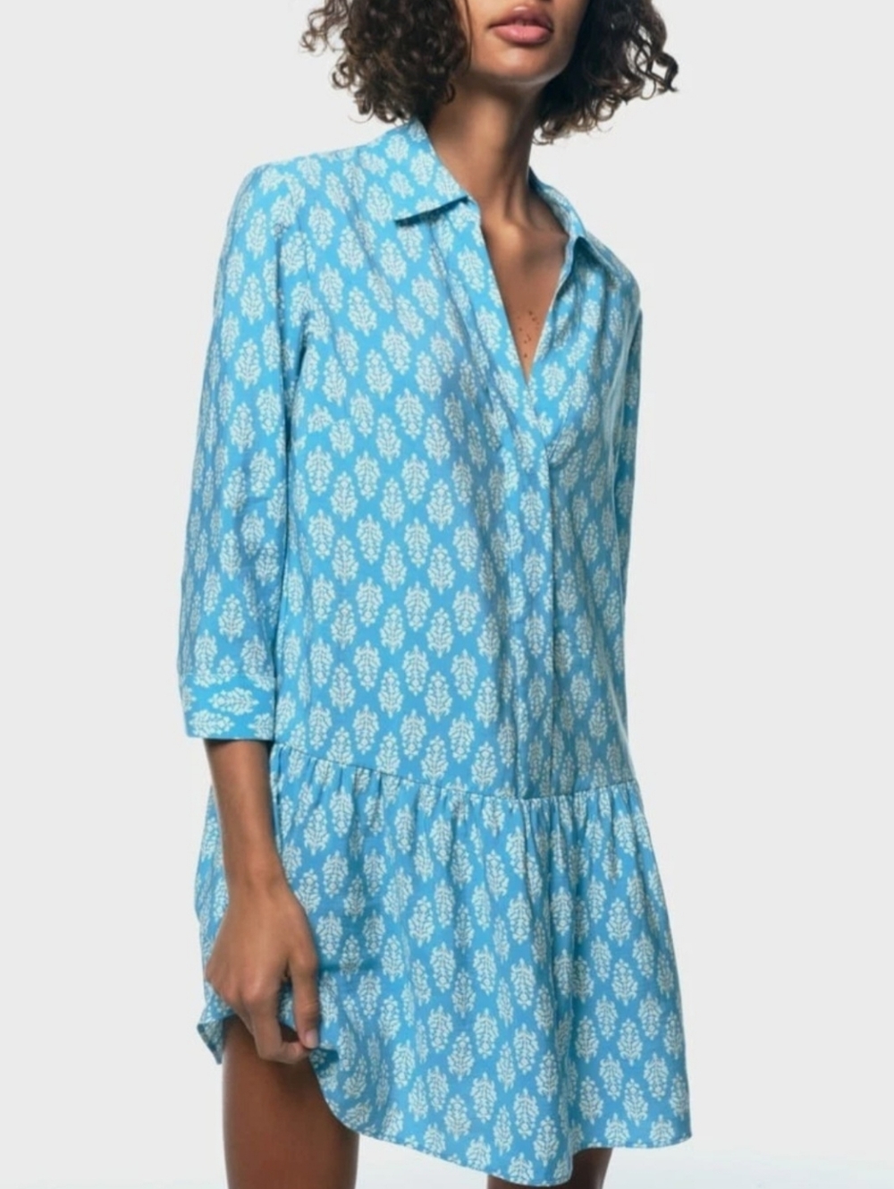 ZARA Blue & White Floral Print Short Shirt Dress With Ruffle Womens XL - Picture 9 of 12